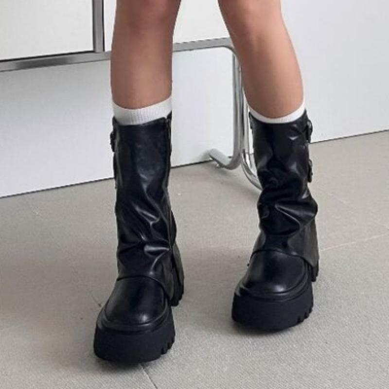 New ArrivalS Open Run Women S Black Leather Mid bootS Buckle Decoration