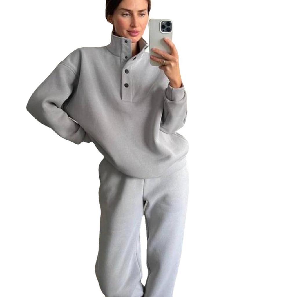 Spring and Autumn Women's Fashion Button Up Collar Hoodie Loose Pants, Hoodie Set