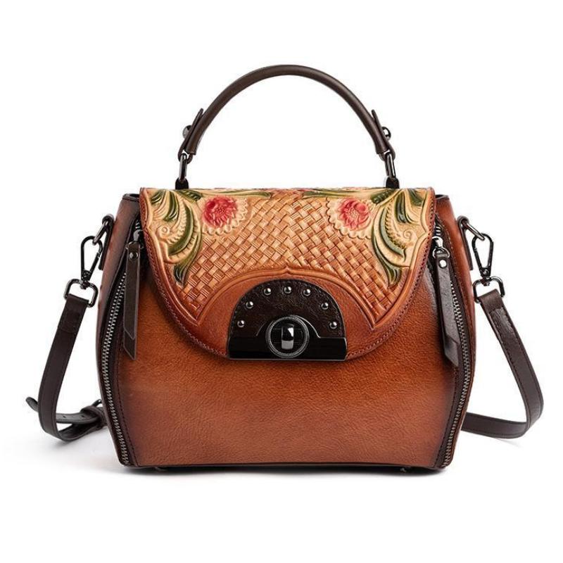 Johnature Retro preget førstelags kuskinn Dameveske Håndlaget Floral Hasp Handbag Fritid Skulder Messenger Bags