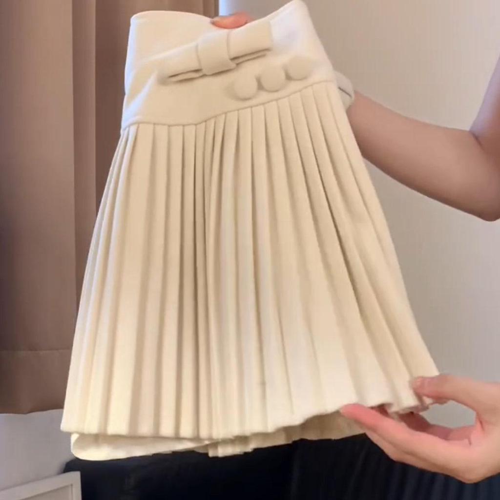 Sweet Bow A-Line Wool Skirt - High Waist, Slimming, Anti-Exposure, Women's Spring/Summer Hip-Hugging Short Skirt.
