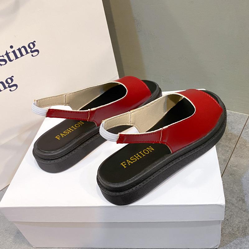 2023 New Large Solid Color Women's Sandals Thick and Low Vintage Elastic Belt Round Toe Flat Bottom Sponge Shoes