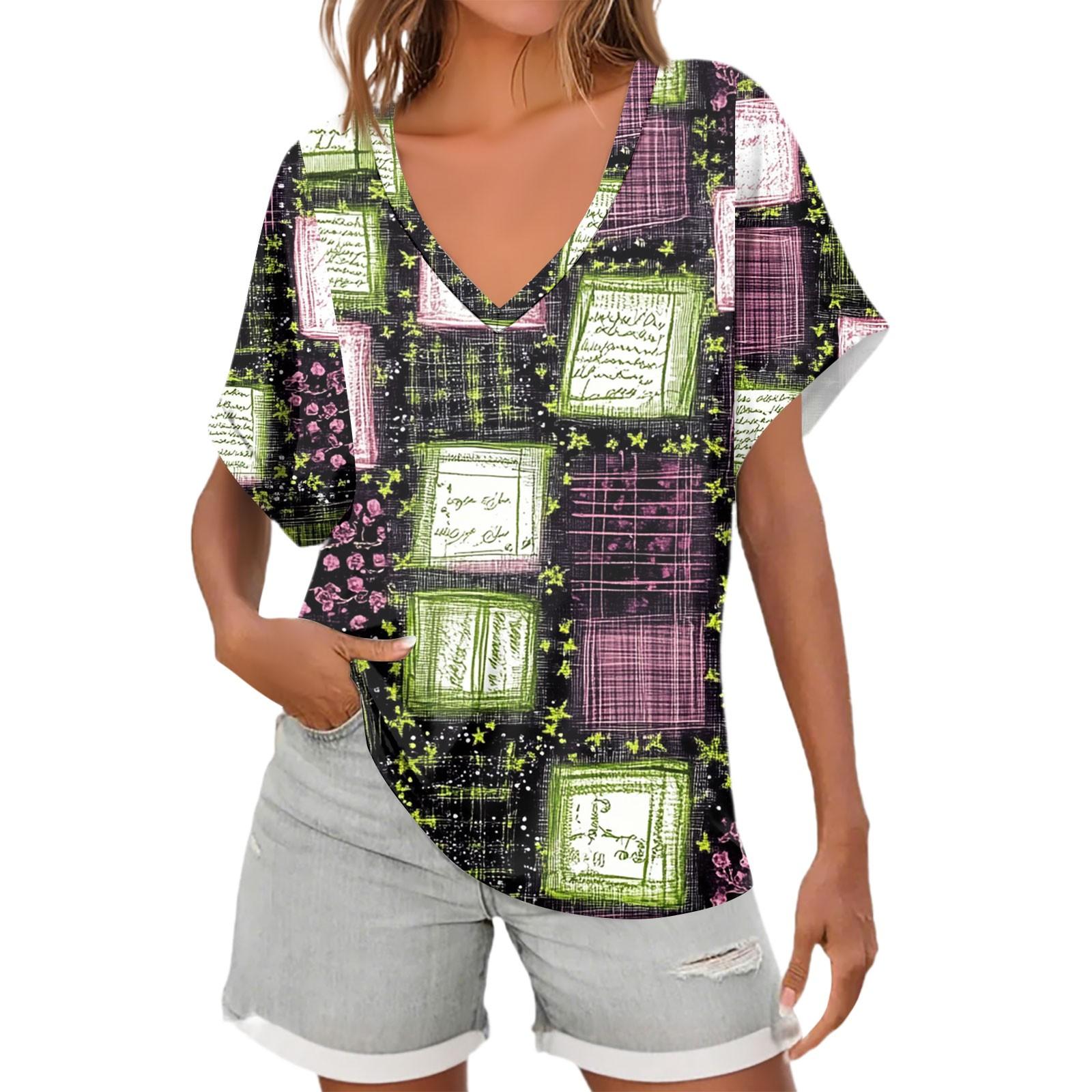 

Жіночі футболки з коротким рукавом та V-подібним вирізом з квітковим принтом, вільні, повсякденні, базові, літні топи L фіолетовий