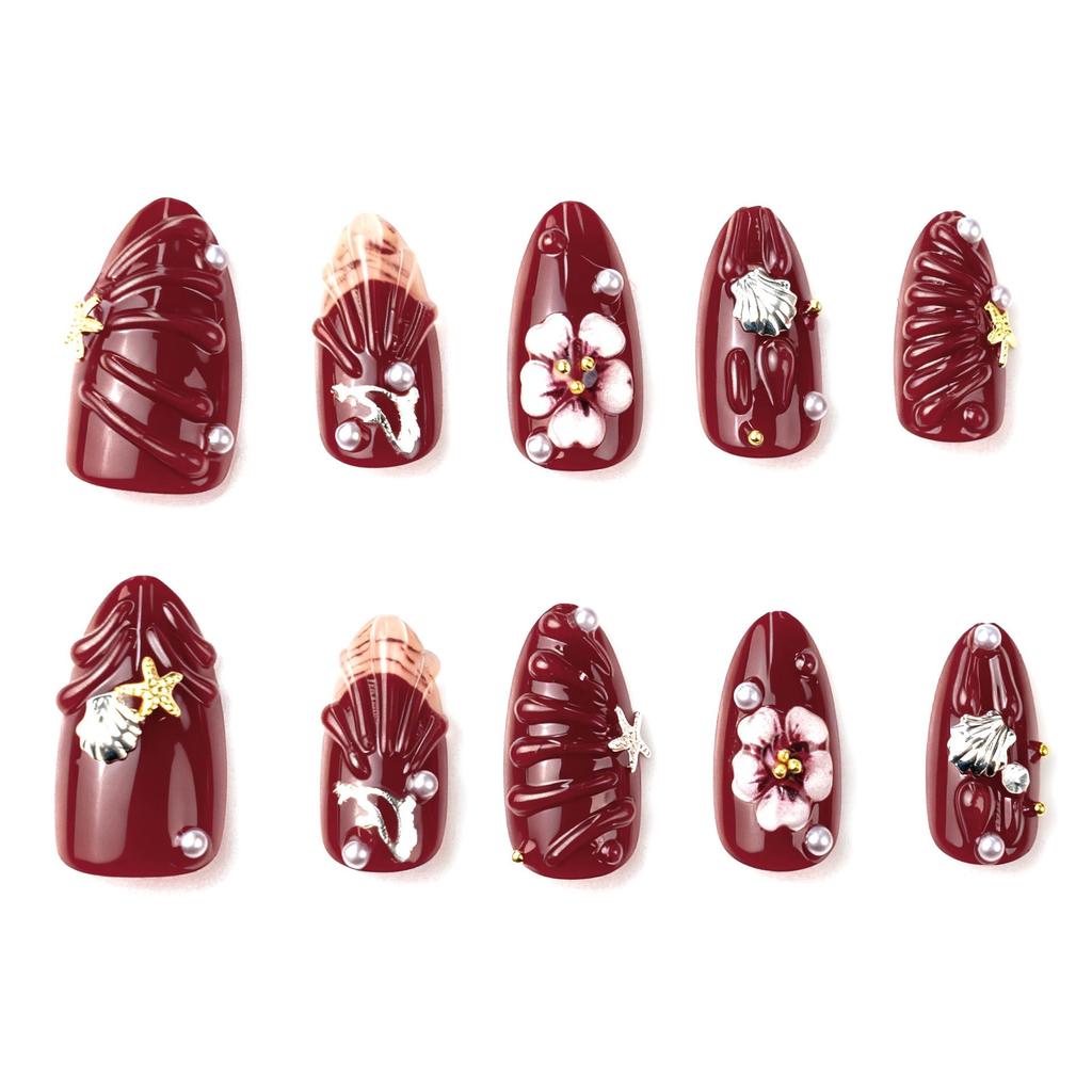 Almond Wearable Nails - 30 Piece Set with 3D Flowers, Rhinestones, Starfish, and Shell Designs