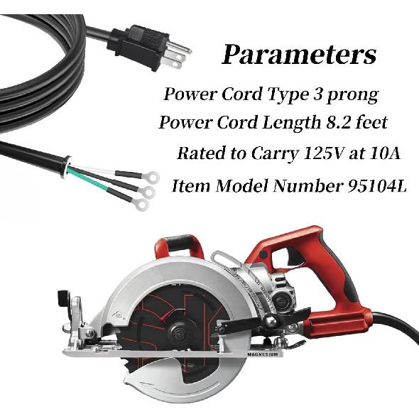 95104L Мощный сменный шнур питания для пил SKILSAW с червячным приводом SPT77WM, SPT77WML, SPT78W - 3-контактный, 2,5 м, черный шнур