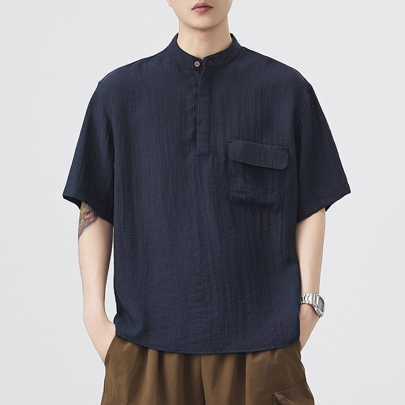 Summer Cotton and Linen Shirt Japanese Retro Men's Short-sleeved Shirt American Trendy Mid-sleeved Shirt