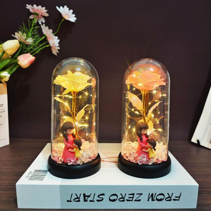 1Pcs Led Light Foil Flower In Acrylic Cover Rose Artificial Flower Acrylic Cover Decor Wedding Valentine'S Day Mother'S Gift
