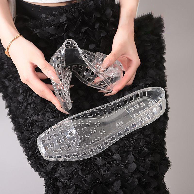 Fashion Versatile Transparent Crystal Fashion Sandals 2025 Summer New Outer Wear Square Head Shallow Mouth Hollow Flat Sole Shoes