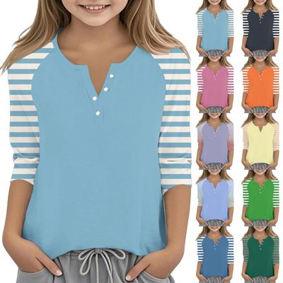 Girls Raglan Sleeve Henley Shirt with Striped Print Long Sleeve Casual Pullover Top for Kids Youth Teenagers