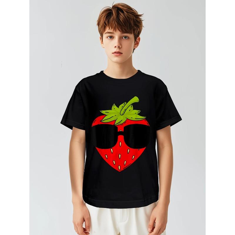 Children Crew Neck Short Sleeve T-Shirt with Artistic Strawberry Print