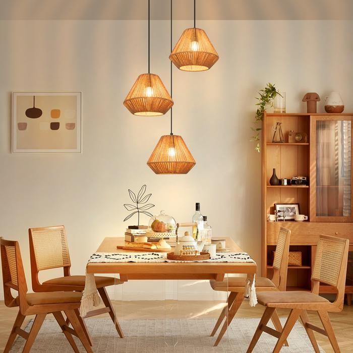 Dining Table Pendant Light - NETTLIFE - Vintage Bohemian - Rattan - E27 Socket - Black
