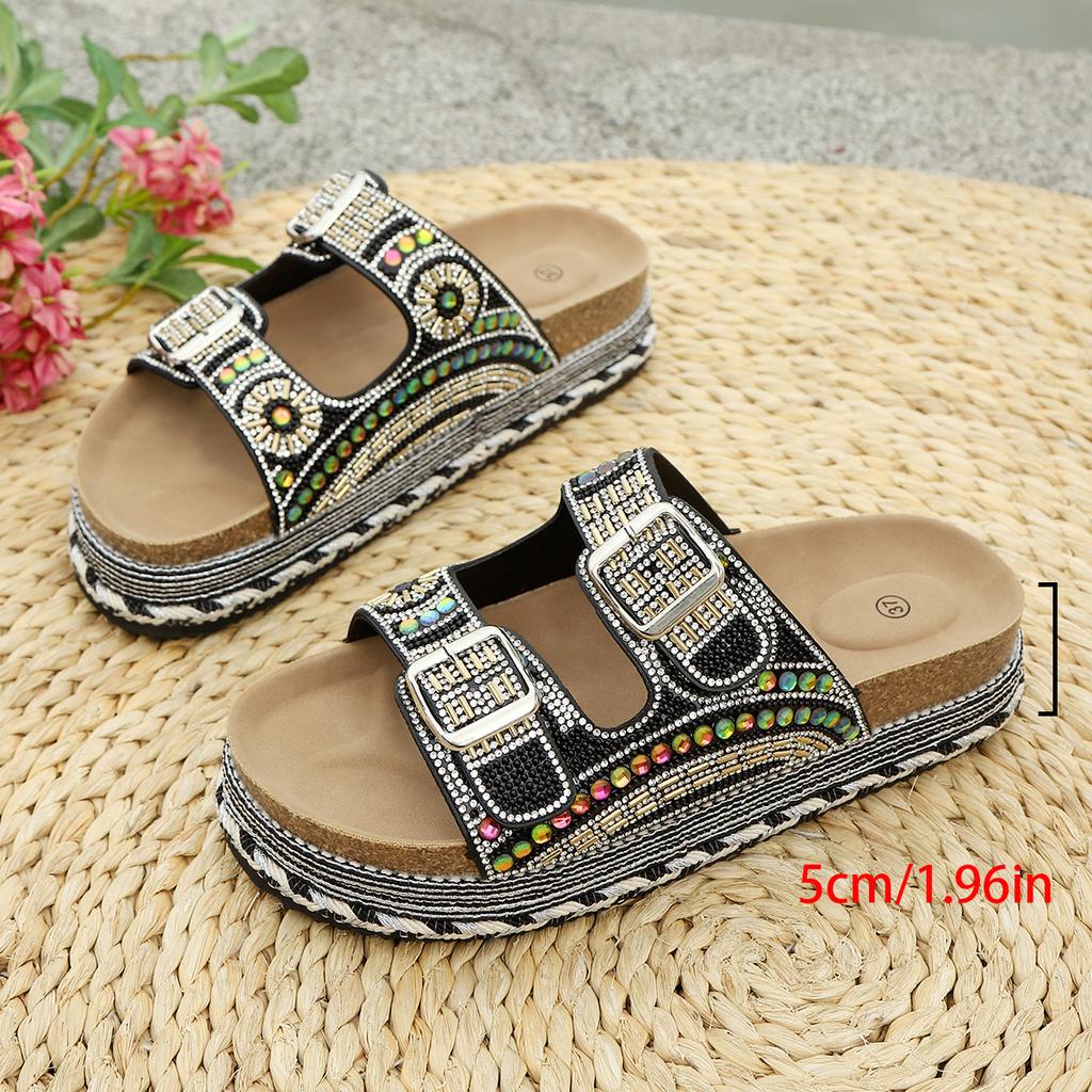 New Summer Rhinestone Platform Slippers - Women’s Plus Size Belt Buckle Slides for Outdoor Wear