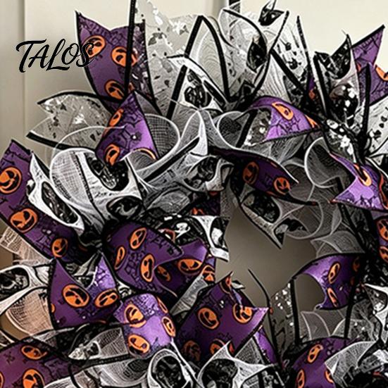 Halloween Decor Mesh Ribbon Wreath for Front Door, Spooky Skull Pumpkin with Hook Bow, Purple Black Stripe Decorative Garland Doors Walls Windows Wall
