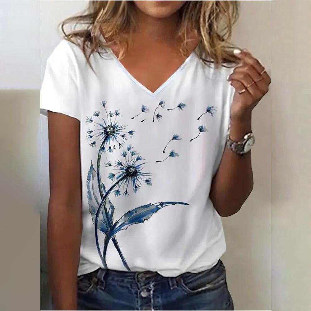 Summer Casual Women's Abstract Flower Painted Pattern 3D Printed V-neck Top Fashionable Loose Clothing Shirt