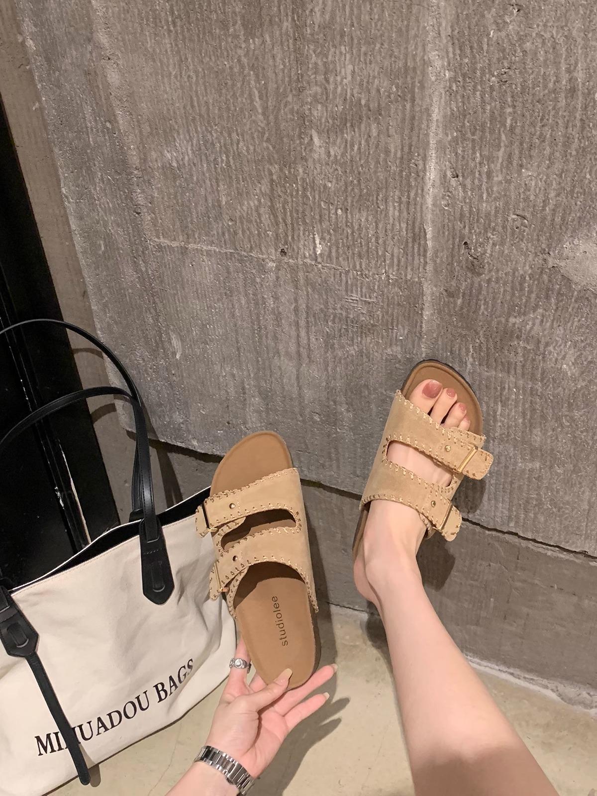 

Cowhide version~ retro hand-stitched buckle belt leather white lazy leather slippers summer 40