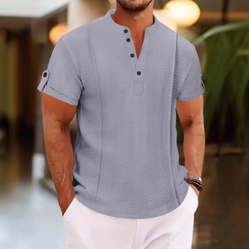 Summer Cotton Men's Short Sleeve Shirts Button Pleated Solid Color V-neck Casual Style Henley Shirt