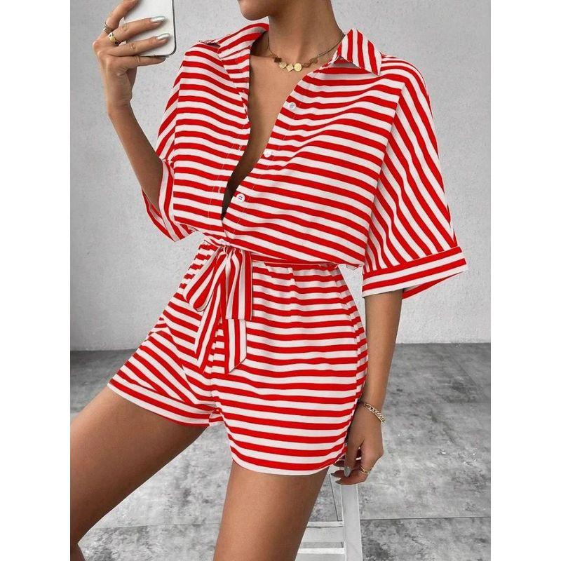 Striped Lapel Mid Sleeved Jumpsuit Shorts Stripes Lapel Mid-Sleeve Jumpsuit