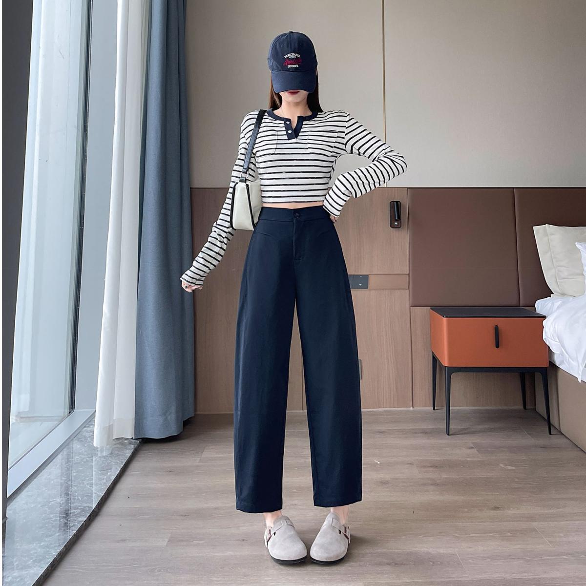 

2026 Spring Collection: High-Waisted Narrow-Leg Slimming Pants for Petites - Cropped Eight-Ninth Length, Drapey and Casual. M (95-105cm)