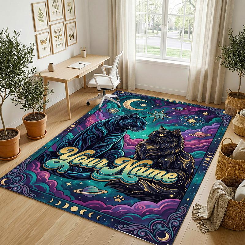Cosmic Cat Dreamscape Theme Soft Crystal Velvet Rug Custom Name & Text Print Non Slip Floor Rug for Bedroom Living Room