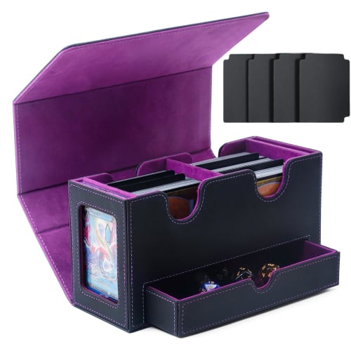 AWESOPAL Deck Case with Two Display Windows and a Large Dice Tray, Holds 200 Double-Sleeved Cards, and Features Four Compartments (Black & Purple)
