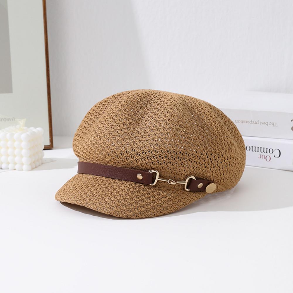 

Classic Hollow Octagonal Beret Hat Breathable Spring Summer Beach Straw Hat Leather Buckle Painter Hat Sunshade Cap кофейный