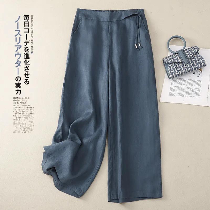 Women Retro Linen Wide Leg Pants, High Waist Draped Loose Casual Trousers for Spring Summer M