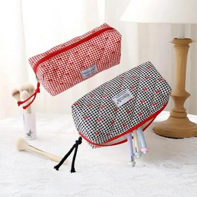 Stylish Cherry Plaid Pencil Case with High Capacity; Trendy Stationery Holder for Students; Women's Cosmetic Bag and Clutch