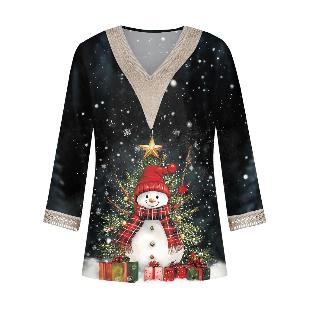 Women's Loose Casual Three-quarter Sleeve V-neck Lace Loose Christmas Print T-shirt Top