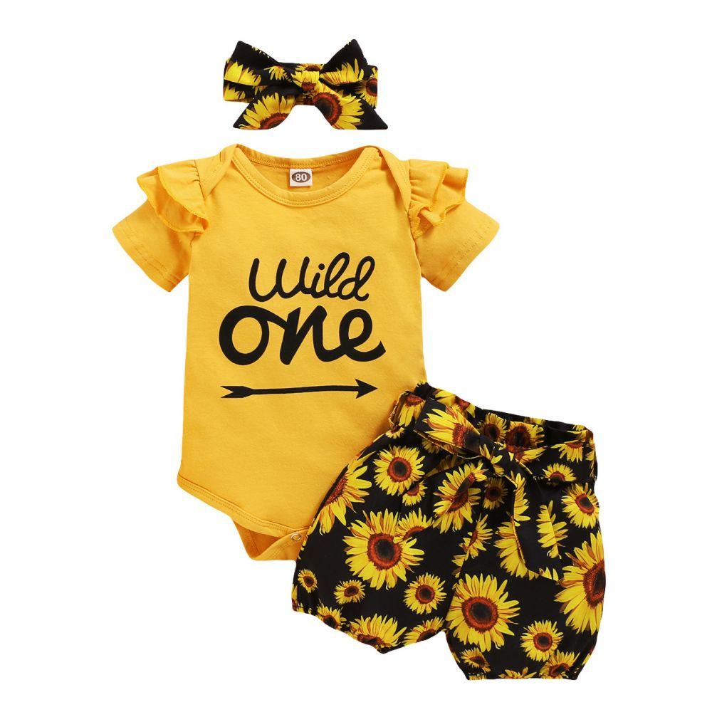 

3 шт./компл., летние наряды для маленьких девочек, комбинезон с короткими рукавами и рюшами + шорты с цветочным принтом + повязка на голову, комплект повседневной одежды, От 0 до 18 месяцев 100