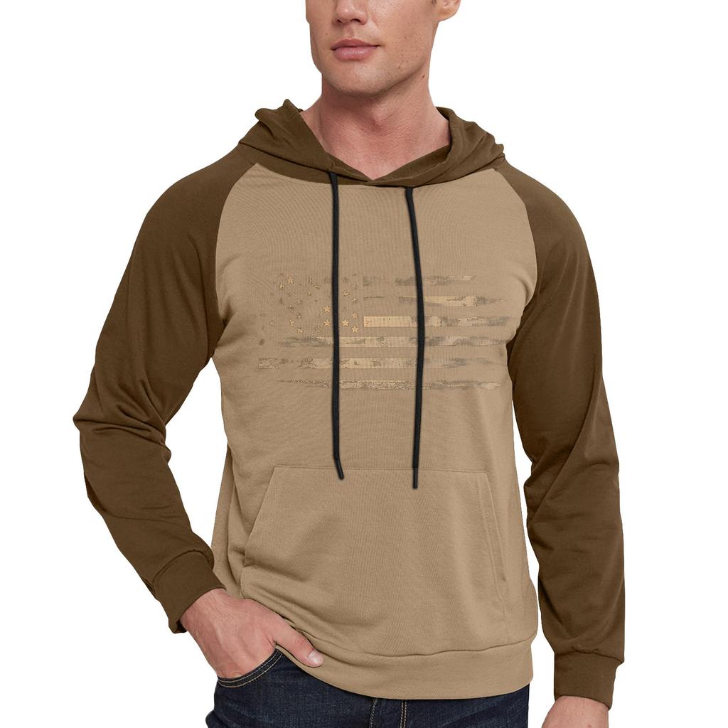 Men's Casual Hooded Drawstring Long Flag Print Sweatshirt With Pockets