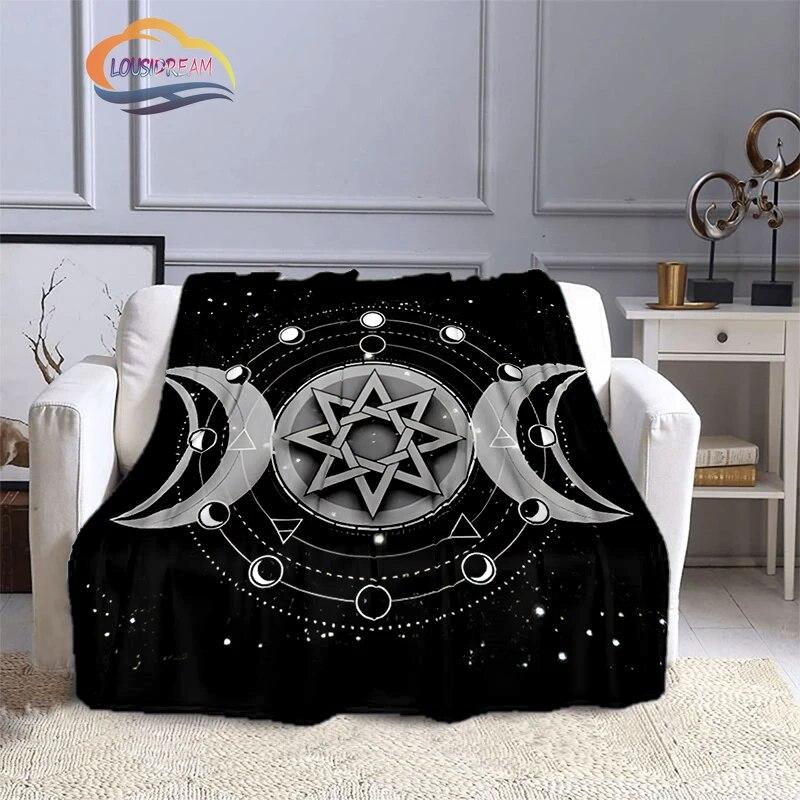 Pentacle & Moon flanellfilt, Skull Witchy Wicca Pagan Black and White Mystical Gothic Solfilt