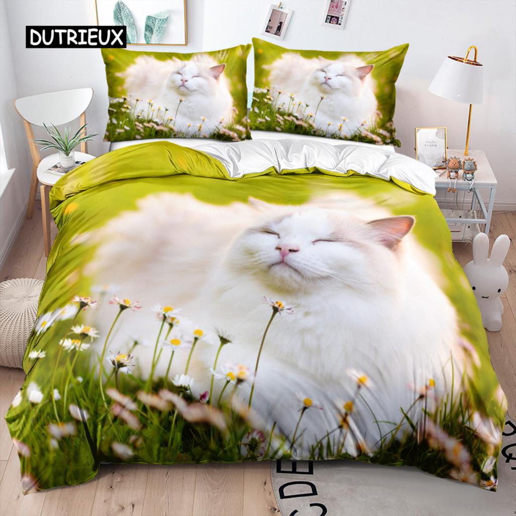 Uroczy 3D Zwierzę Kot Pościel Biały Poszwa na Kołdrę Motyw Domowy dla Dzieci Dziewcząt Kobiet Mężczyzn Prezenty Sypialnia Dekoracja Domu