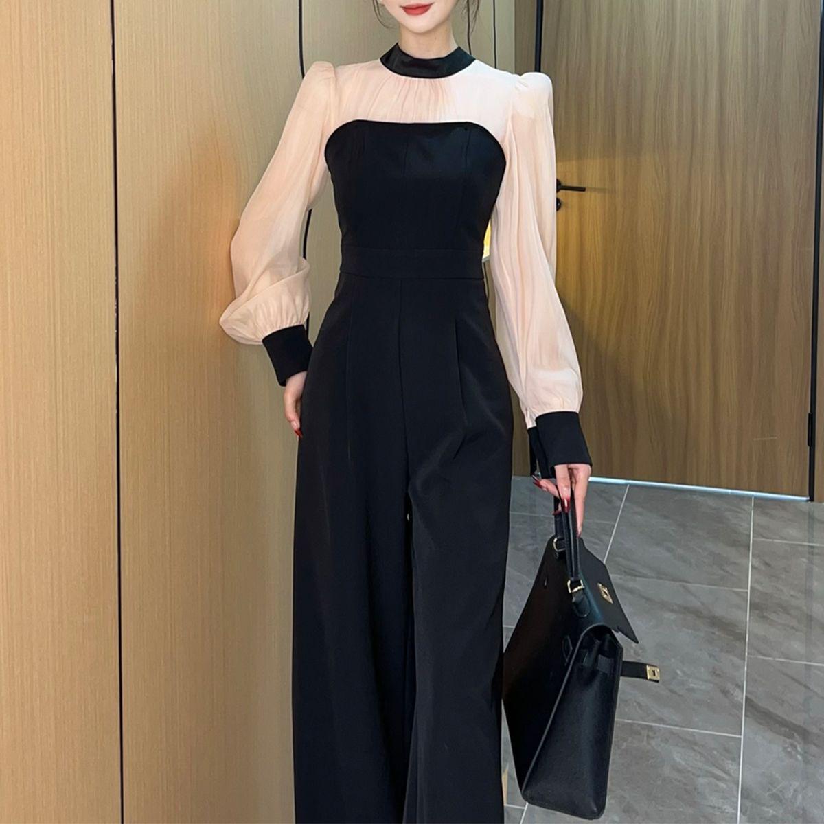 

2026 Spring Elegant Long Sleeve Jumpsuit with Waist-Cinching Wide-Leg Pants for Women S (80-100 Jin) чёрный