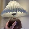 LED Bedside Table Lamp Cute Small Pleated Lamps for Nightstand Circular Walnut Ambient Light USB Bedroom Decoration Night Light