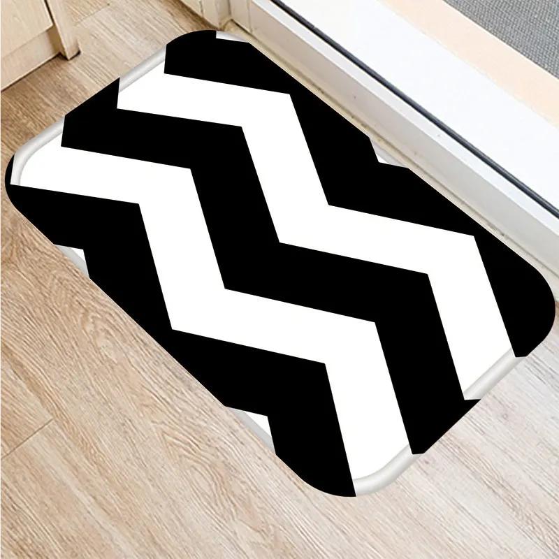 Anti-slip Bathroom Door Mat Oil-proof Kitchen Rug Bedroom Living Room Black and White Geometric Print