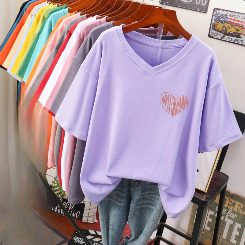 T-shirt a maniche corte, Ampia, Top V-neck stampato snellente per donna