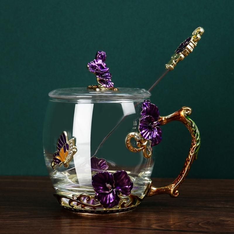 Emaille Glas Tassenset Muster Glas Tasse mit Löffel Emaille Tasse Milch Zitrone Blume Schmetterlinge Tasse