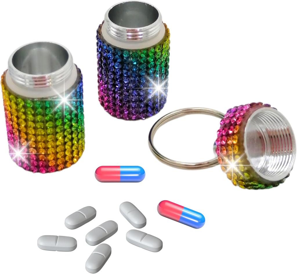 Rhinestones Keychain Pill Case Shiny Portable Pill Box 2 Compartments Easy To Take