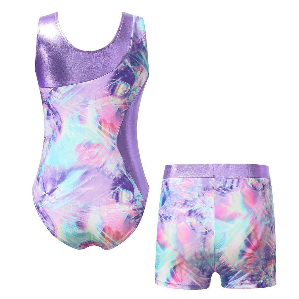 Girls Printed Gymnastics Dance Outfit Sleeveless Patchwork Leotard Jumpsuit Elastic Waist Shorts Suit Performance Practice