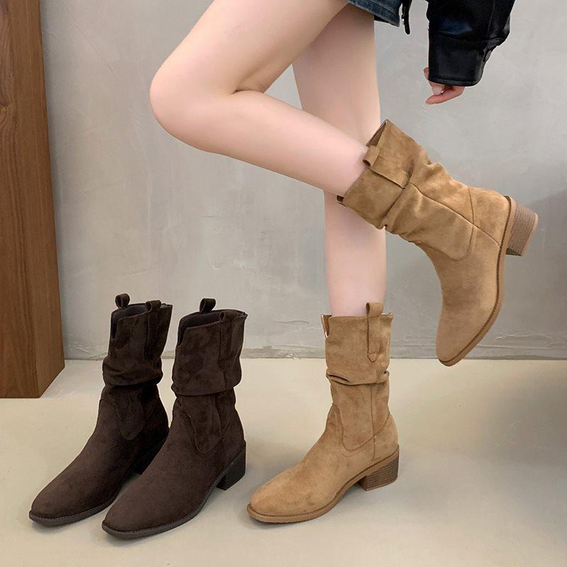 Square head fashion boots retro style new versatile pleated thick heel small autumn and winter mid-tube boots women's pile 2025