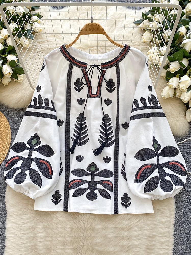 Primavera Otoño Nuevo Vintage Camisa Manga Farol Mujer Bordado Cuello Redondo Tirante Suelto Casual Blusa Top