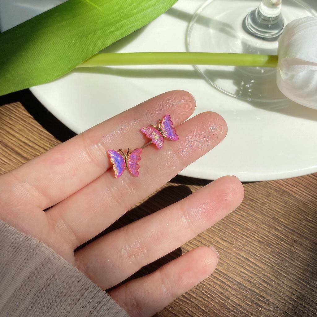 Colorful Aurora Butterfly Earrings with Silver Needle - Cool, Simple & Niche Design