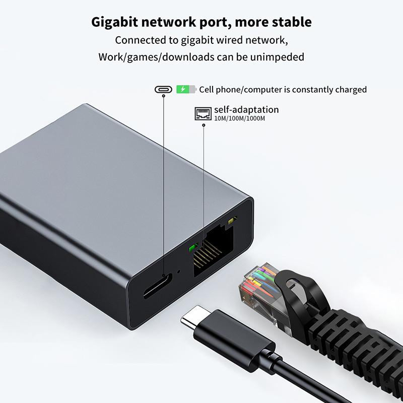 1000Mbps Type-C To Rj45 Internet Cable Plug And Play Usb To Ethernet Network Adapter Support Pd Charging For Mobile Phone/Tablet