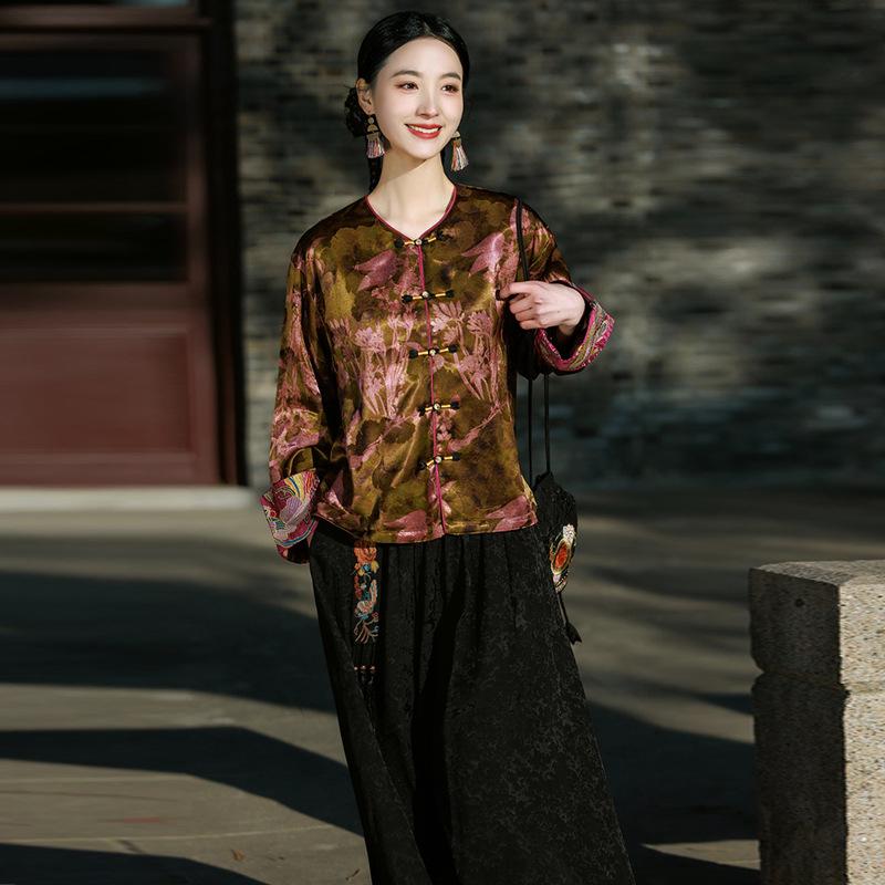 

2025 Весна Китайский стиль Сянъюньша Золотая вышивка Колорблок Свободный кардиган с длинным рукавом Топ танского костюма для женщин XL кофейный