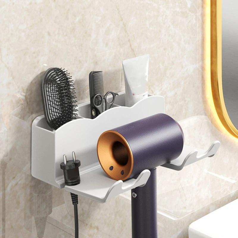 Wall-Mounted Hair Dryer Holder - No Drilling Required, Plastic Bathroom Storage Rack With Multiple Compartments For Hair Dryers
