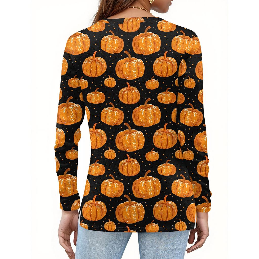 Women's Fashion Hem Slit Casual Halloween Printed Round Neck Long Sleeve Top