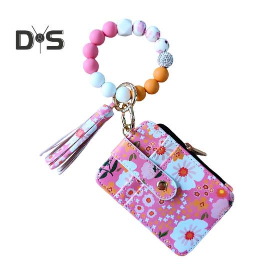 Damen-Geldbörse mit Blumenmuster, Boho-Stil, Münzbörse, Schlüsselanhänger mit Quaste, elastischer Armband-Geldbörse mit Perlen und Sichtfenster für Ausweise, zum Einkaufen, Reisen, Alltag