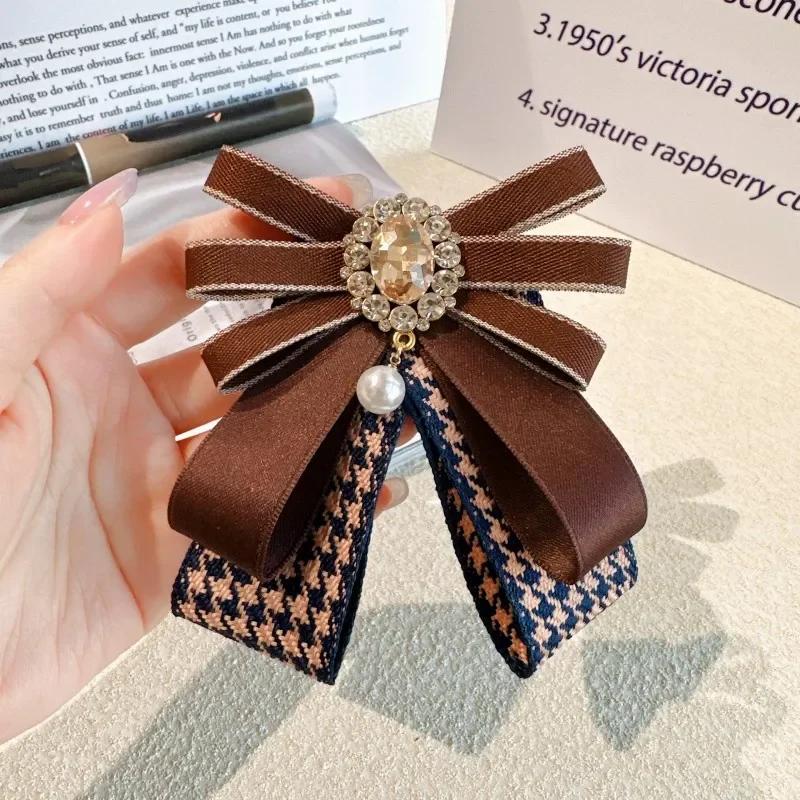 

Korean Women s Bow Tie Rhinestone Plaid Ribbon Brooch College Style Uniform Suit Shirt Sweater Coat Accessories Gift Bowtie Pins