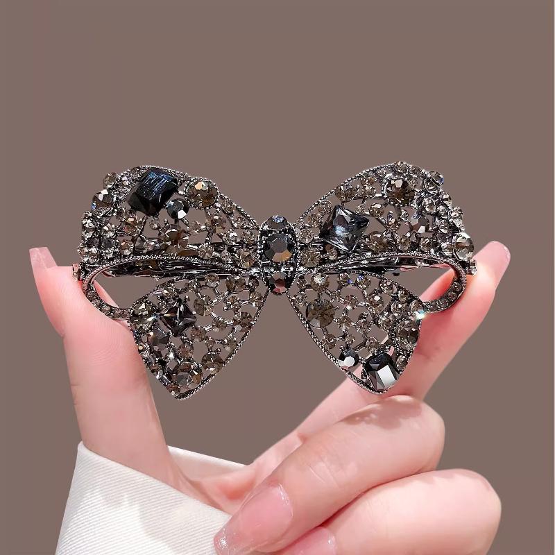 Shiny Hollow Bow Hairpin High-End Black Bow Side Bangs Clip Metal Duckbill Clip Women'S Hair Accessories