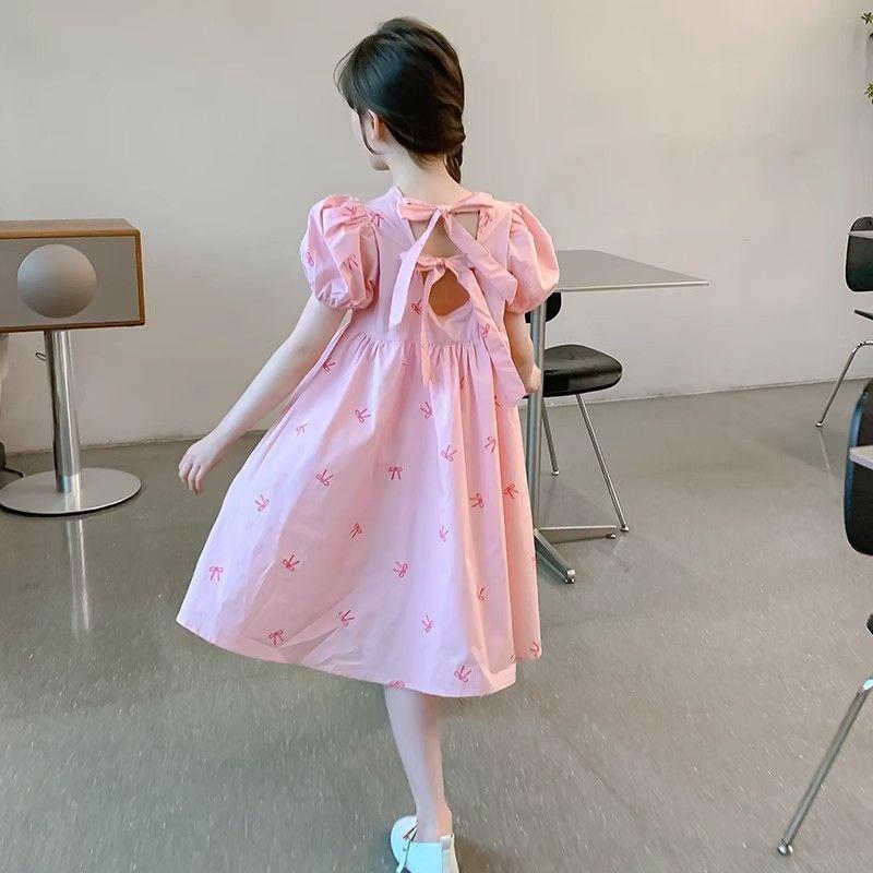 2026 Girls Dress Sweet Princess Style Puff Sleeve Bow Detail Kids Over 4 Years Old