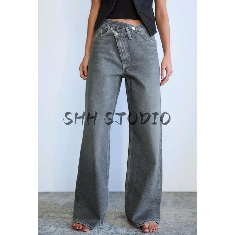 Spring New Women's Clothing French Asymmetric Design Cotton Double Breasted Mid Waist Wide Leg Denim 6045036